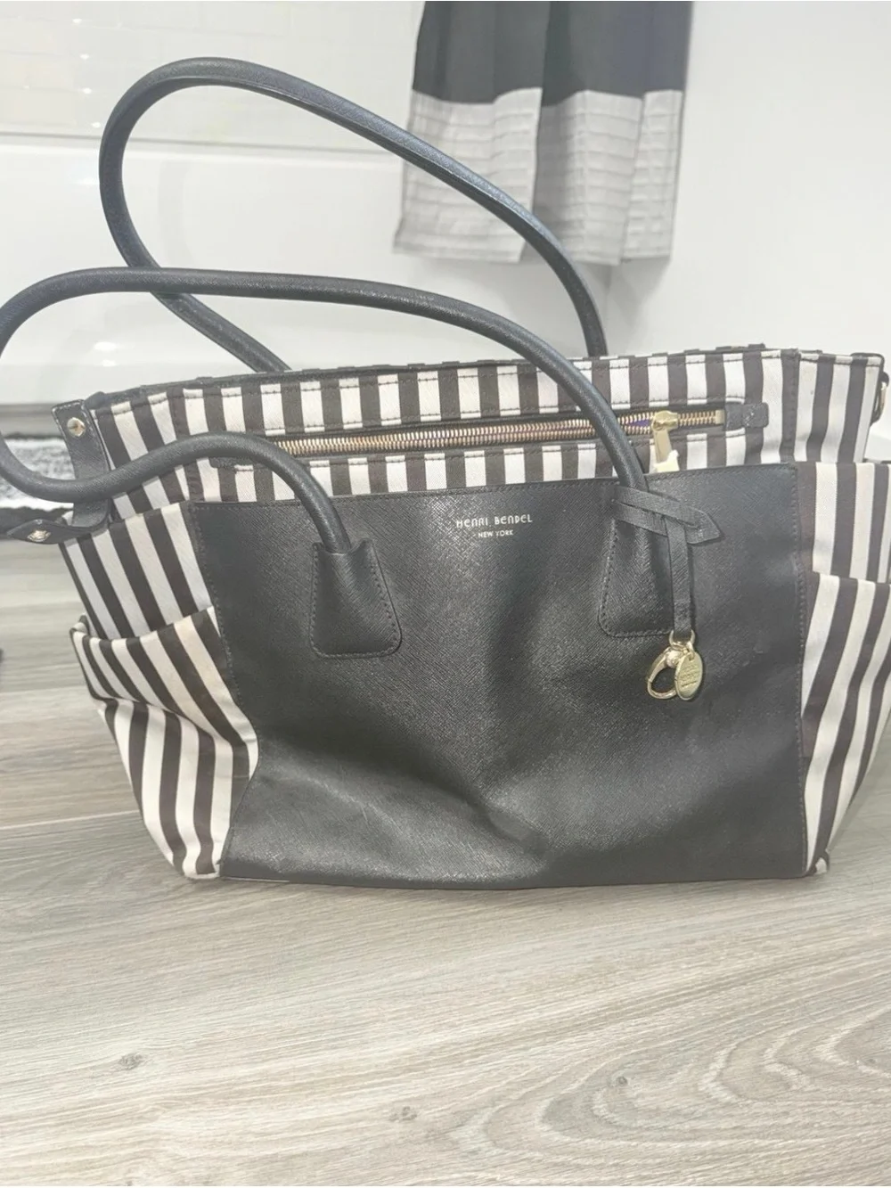 henri bendel Black & White Striped Tote with Gold Accents